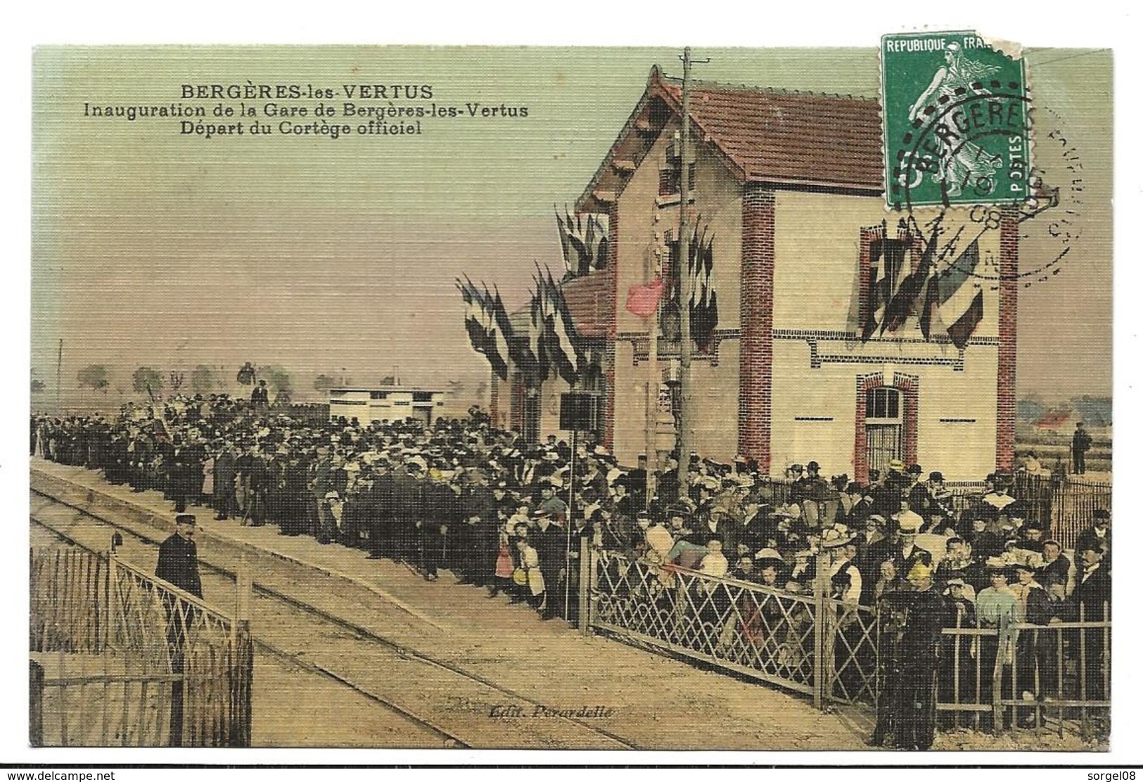 Marne BERGERES LES VERTUS Inauguration De La Gare Départ Du Cortège Officiel Colorisé Effet Toilé  Belle Animation - Autres & Non Classés