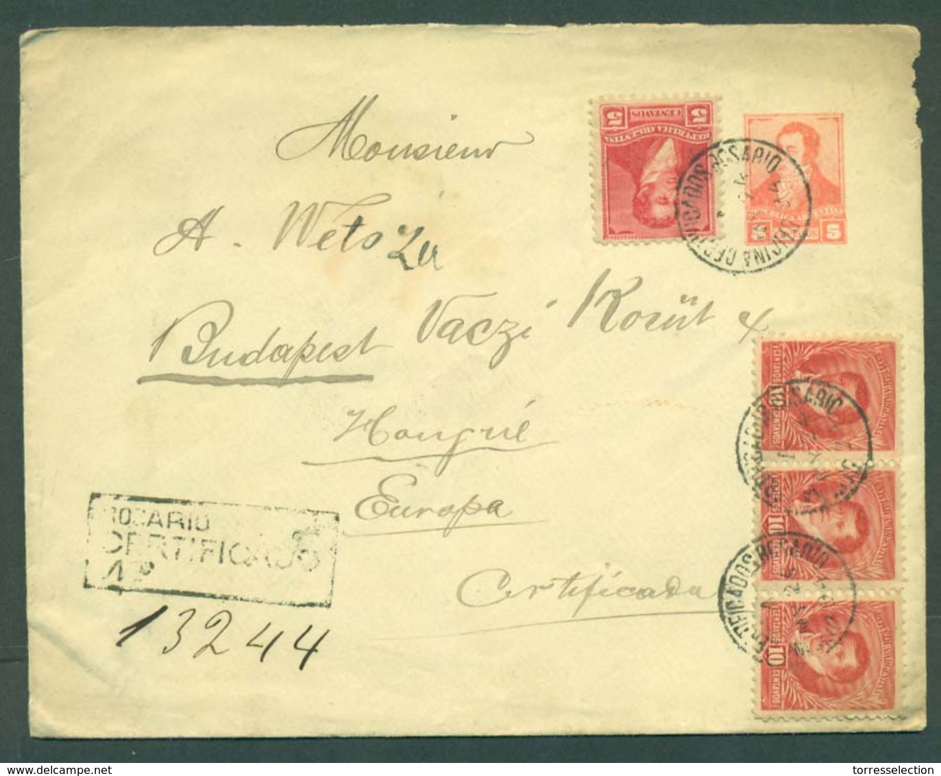 ARGENTINA. 1894 (24 May). Rosario - Hungary (24 June). Reg Multifkd Mixed Issues 5c Orange Stat Env + 10c Red Strip Of T - Autres & Non Classés