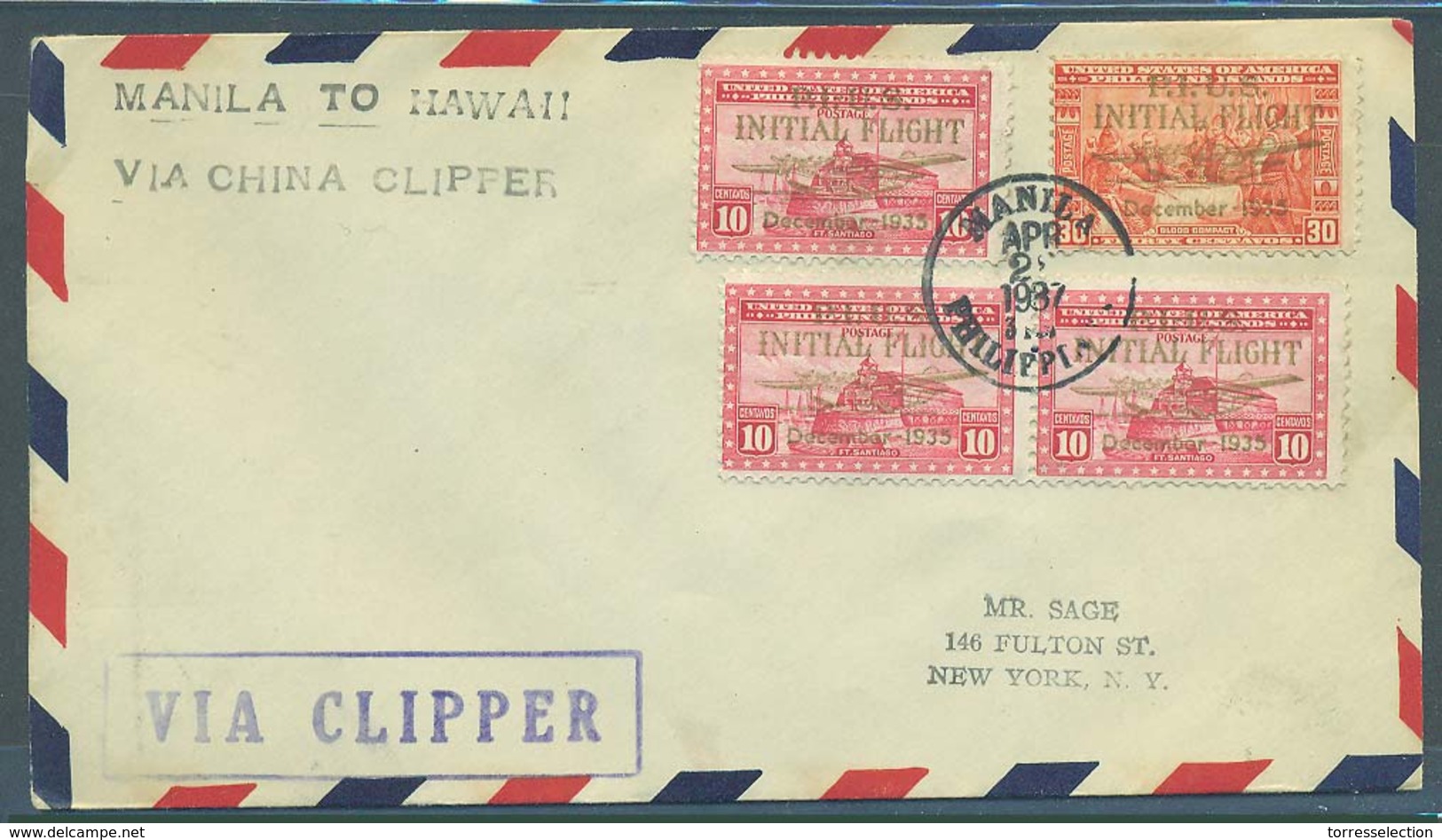 PHILIPPINES. 1937 (28 April). Manila - Hawaii (2 May). First Trip Return Part China Clipper. Fkd Env. - Filipinas