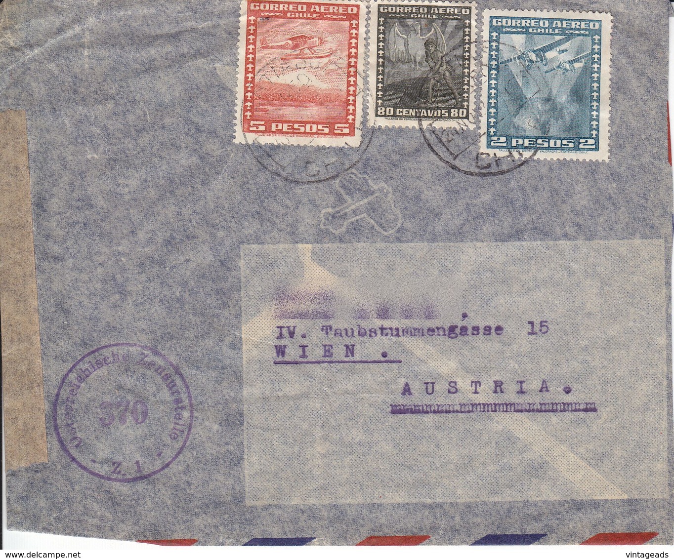 BM162 Envelope Air Mail Chile - Austria, 3-fach-Frankatur 1958, Poststempel Santiago 1948 - Chili