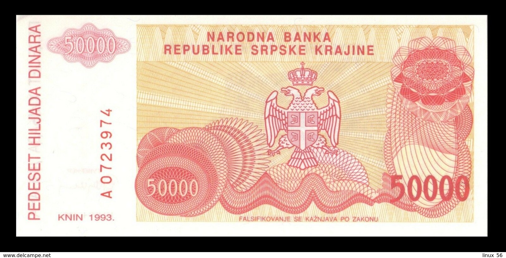 CROATIA - 50.000 Dinara 1993 {Knin} UNC P. R21 - Croacia