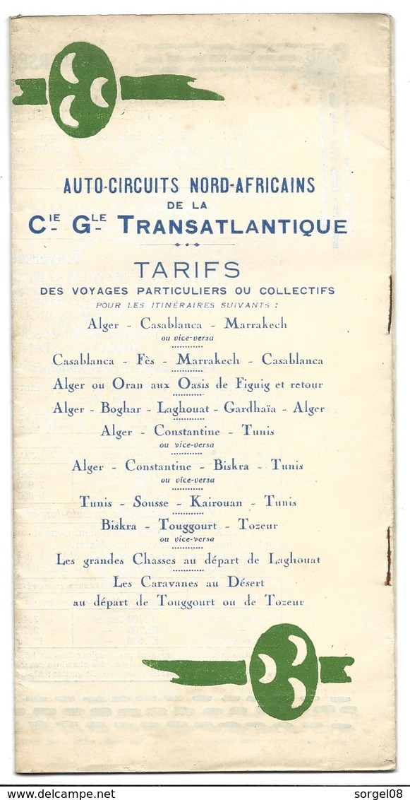 Dépliant Touristique Auto Circuits Nord Africains De La Cie Gle Transatlantique Maroc Algérie Tunisie   Années 1925/1930 - Cuadernillos Turísticos