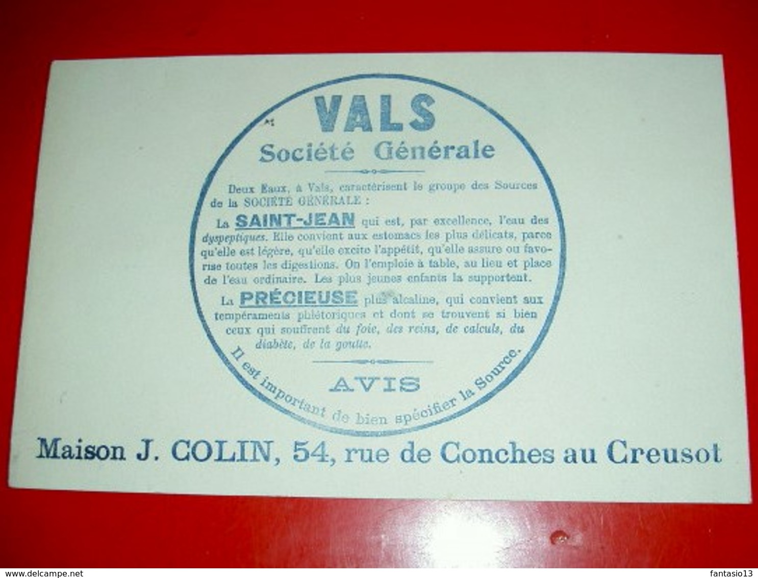 Buvard   Vals Société Générale  / Eau / Par Maison J. Colin  Le Creusot - Alimentaire