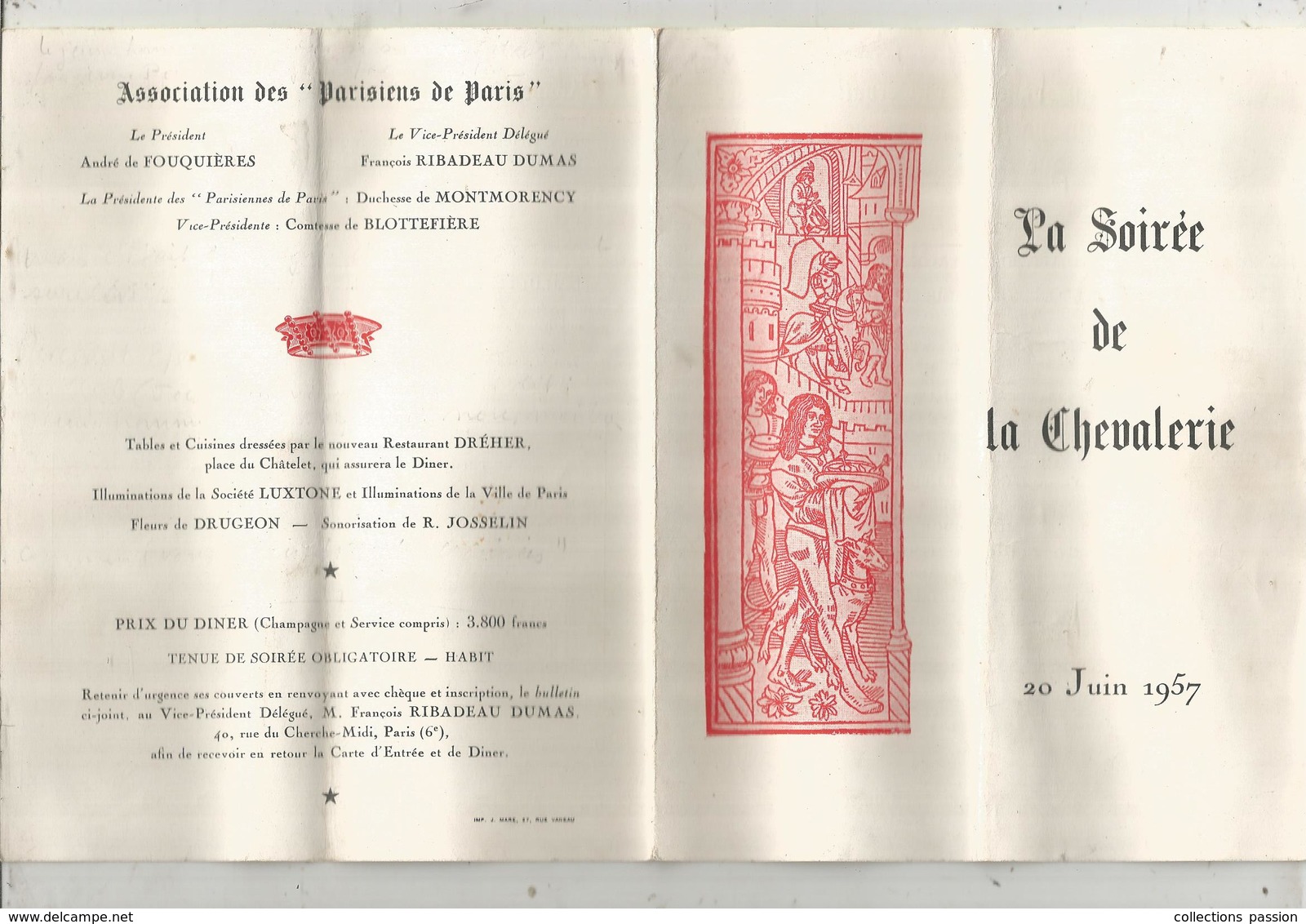 Programme , Association Des PARISIENS DE PARIS ,la Soirée De La Chevalerie,20 Juin1957, 2 Scans, Frais Fr :2.25e - Programme