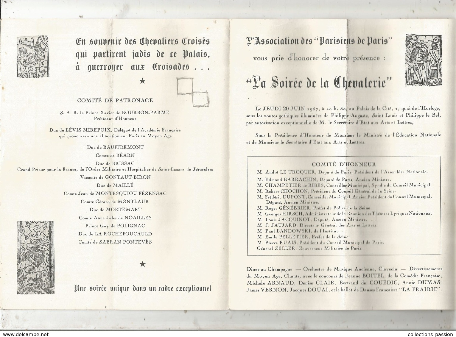 Programme , Association Des PARISIENS DE PARIS ,la Soirée De La Chevalerie,20 Juin1957, 2 Scans, Frais Fr :2.25e - Programme