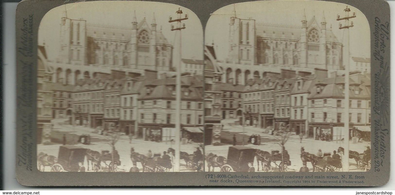 STEREOVIEW - CATHEDRAL AND MAIN STREET - QUEENSTOWN - IRELAND - PUBLISHED BY UNDERWOOD - Cork