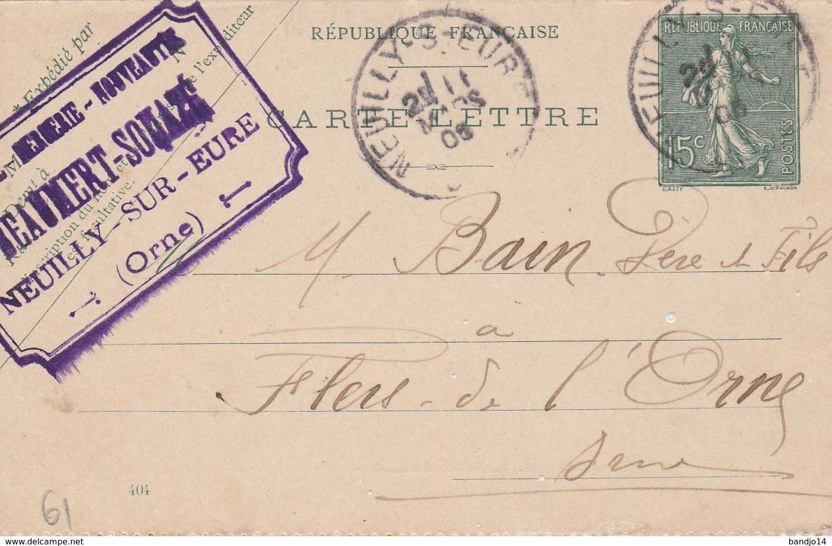 Neuilly Sur Eure  (61)  - Cachet Magasin" BEAUMERT SOUAZE" - Sur Carte Lettre 1903  -  Scan Recto-verso - Letter Cards