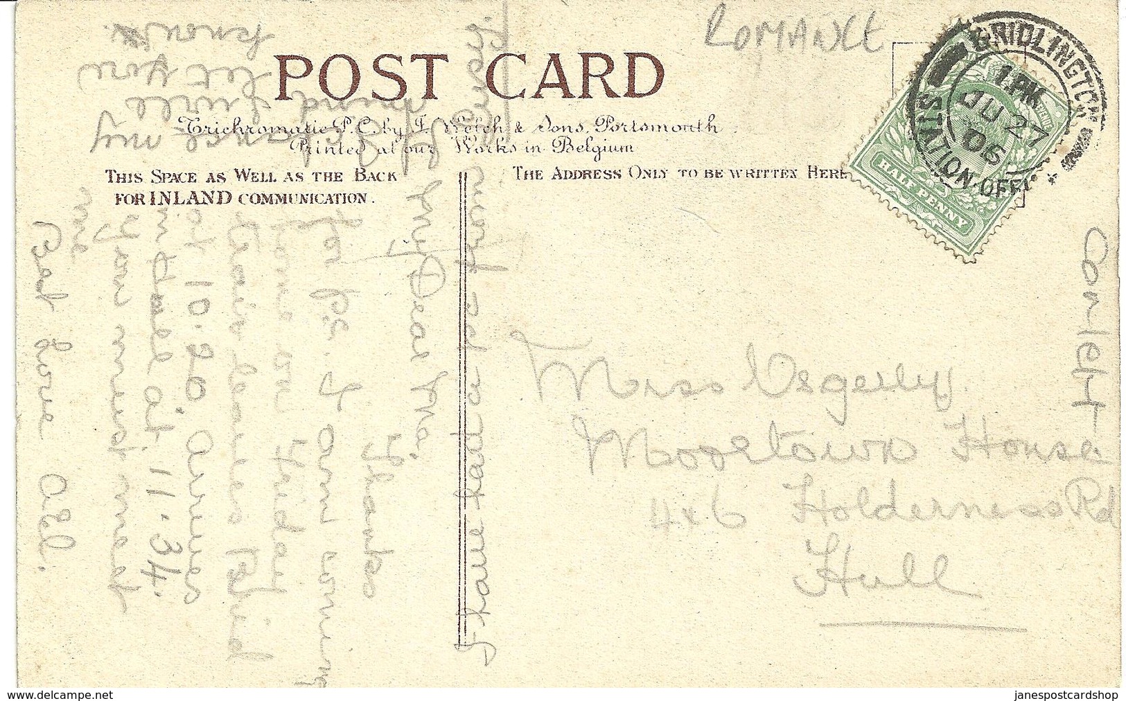 BRIDLINGTON STATION OFFICE POSTMARK WITH JWS ROMANCE LANGUAGE OF FLOWERS POSTCARD - Marcofilie