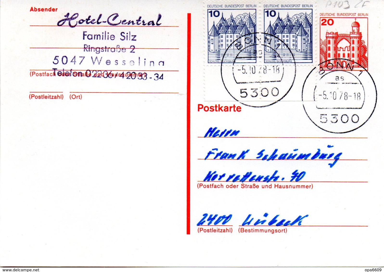 WB Amtliche Ganzsachen-Postkarte  P103 ZF Wst."Burgen Und Schlösser"20(Pf) Rotorange, TSt. 5.10.78 BONN 1 - Postcards - Used