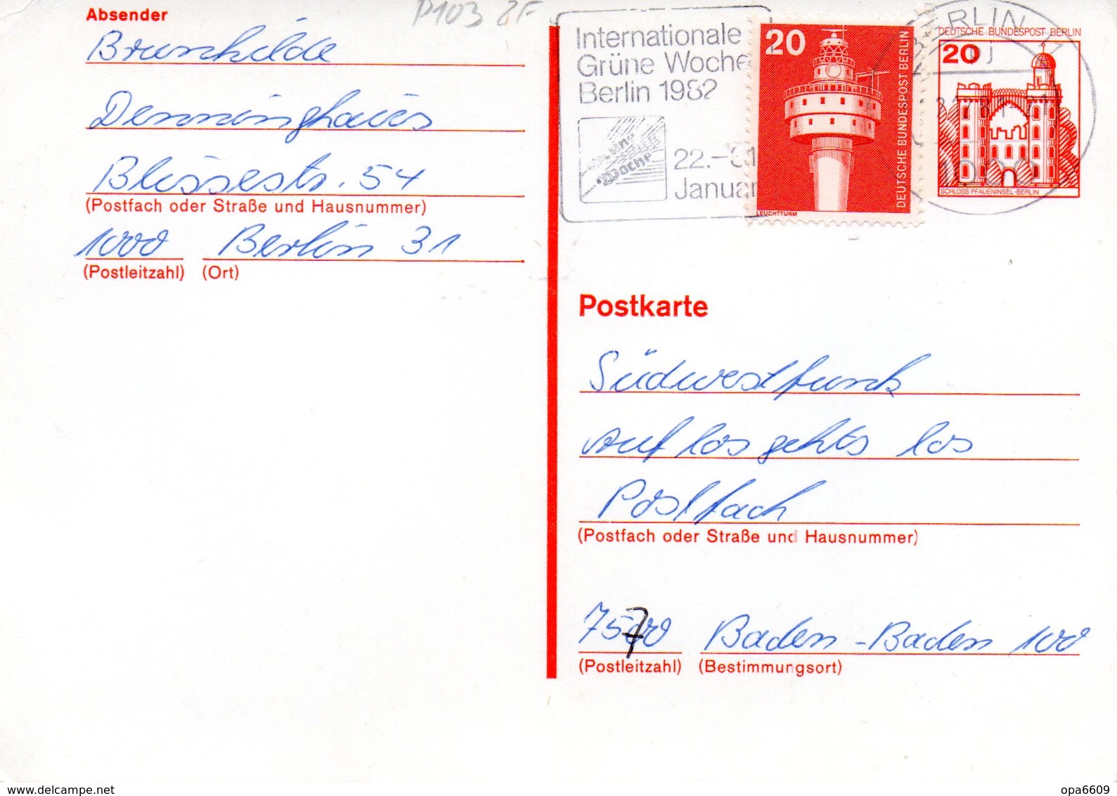 WB Amtliche Ganzsachen-Postkarte  P103 ZF Wst."Burgen Und Schlösser"20(Pf) Rotorange, MWSt. 2.12.81 BERLIN - Postkaarten - Gebruikt