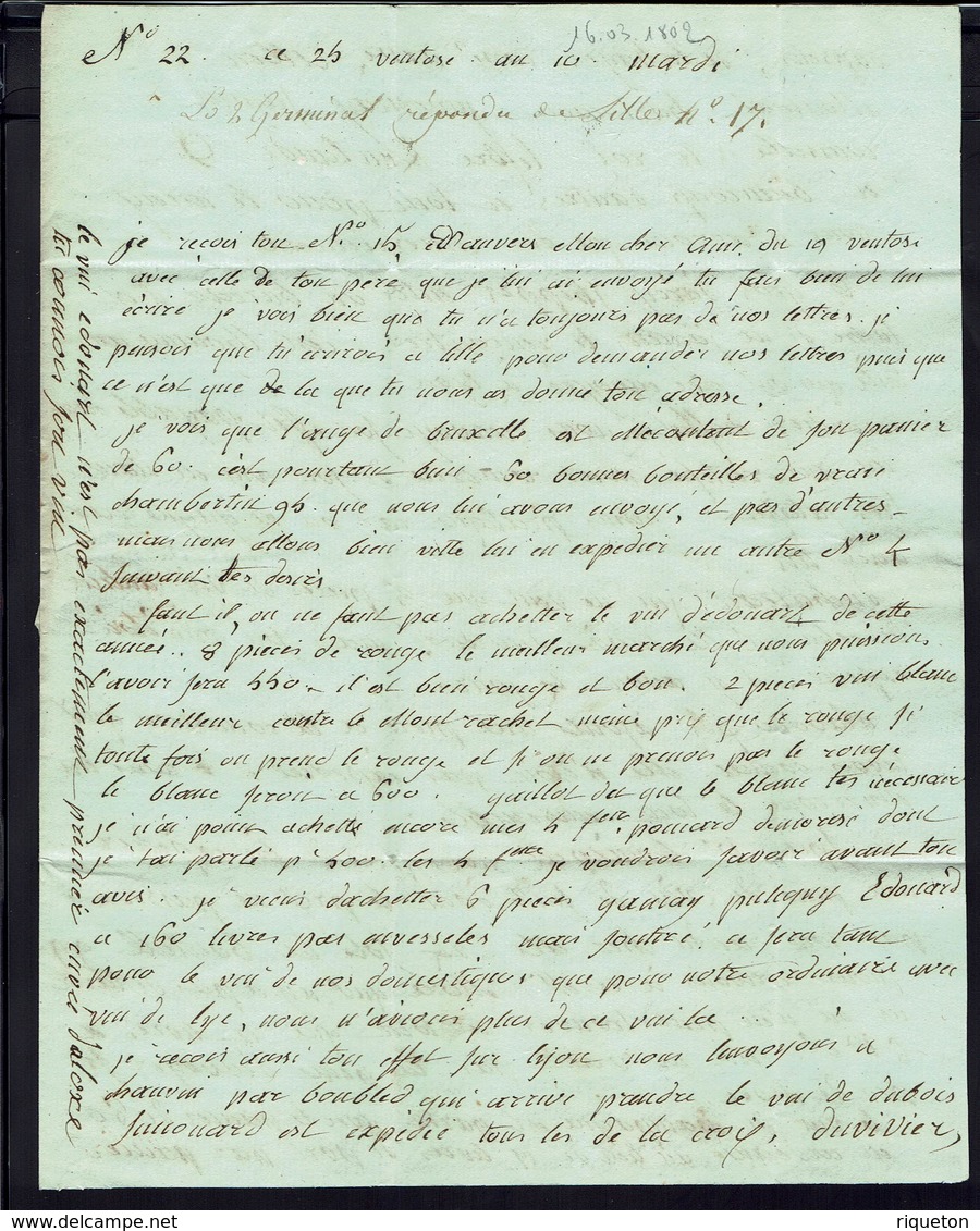 FR - Marque "20 BEAUNE" Lettre Du 25 Ventose An 10 Pour Lille - Commerce De Bons Vins - Taxe 7 Décimes De Port Dû - B/TB - 1801-1848: Voorlopers XIX