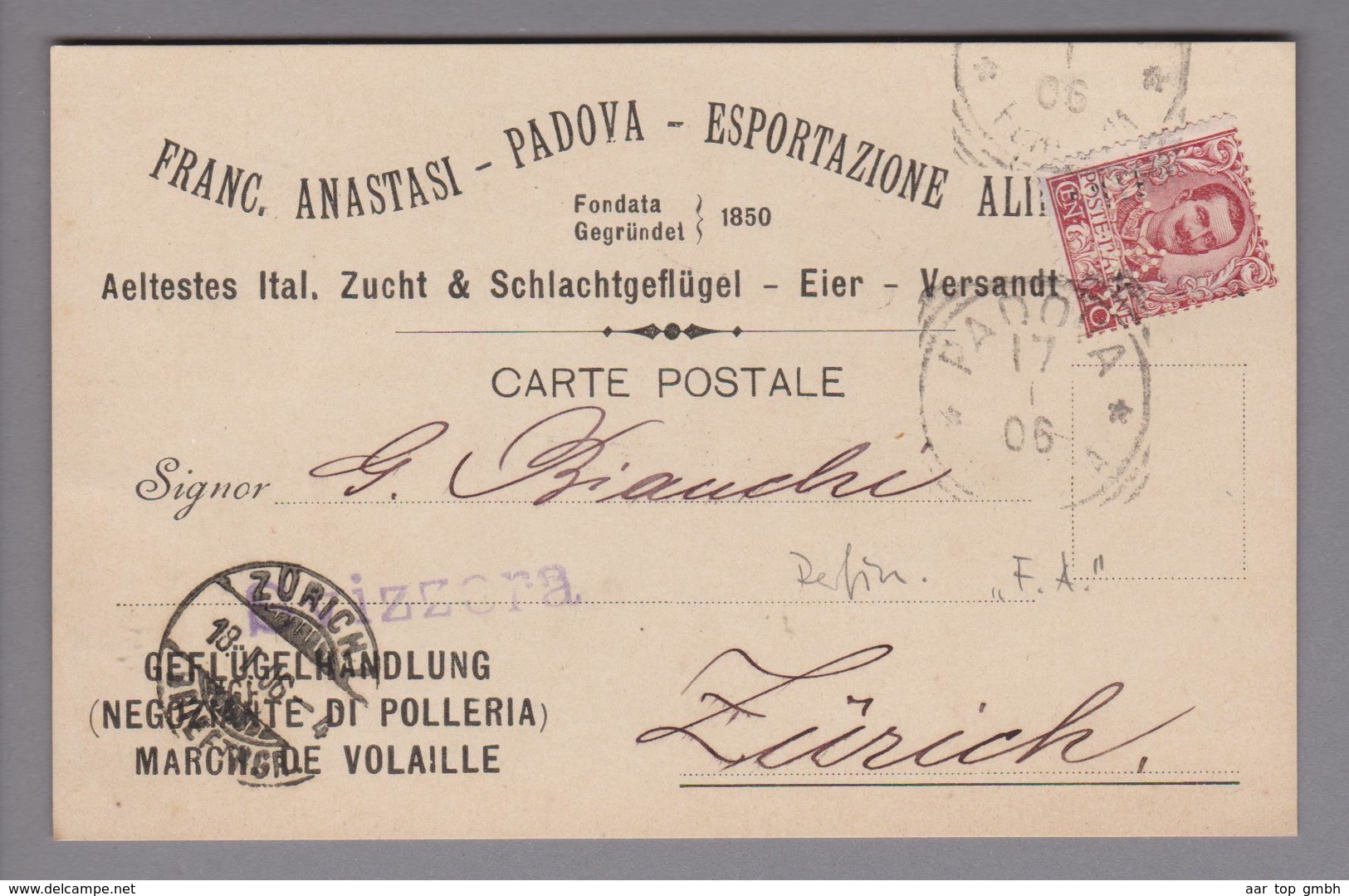 Italien 1906-01-17 Padova Carte Postale Mit Perfinmarke "F.A." Franc.Anastasi Geflügelhandlung - Marcophilie