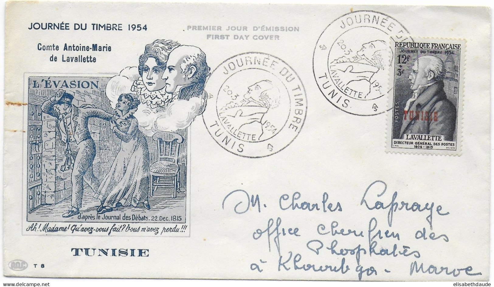 TUNISIE - 1954 - ENVELOPPE FDC JOURNEE DU TIMBRE à TUNIS - LAVALLETTE - Storia Postale