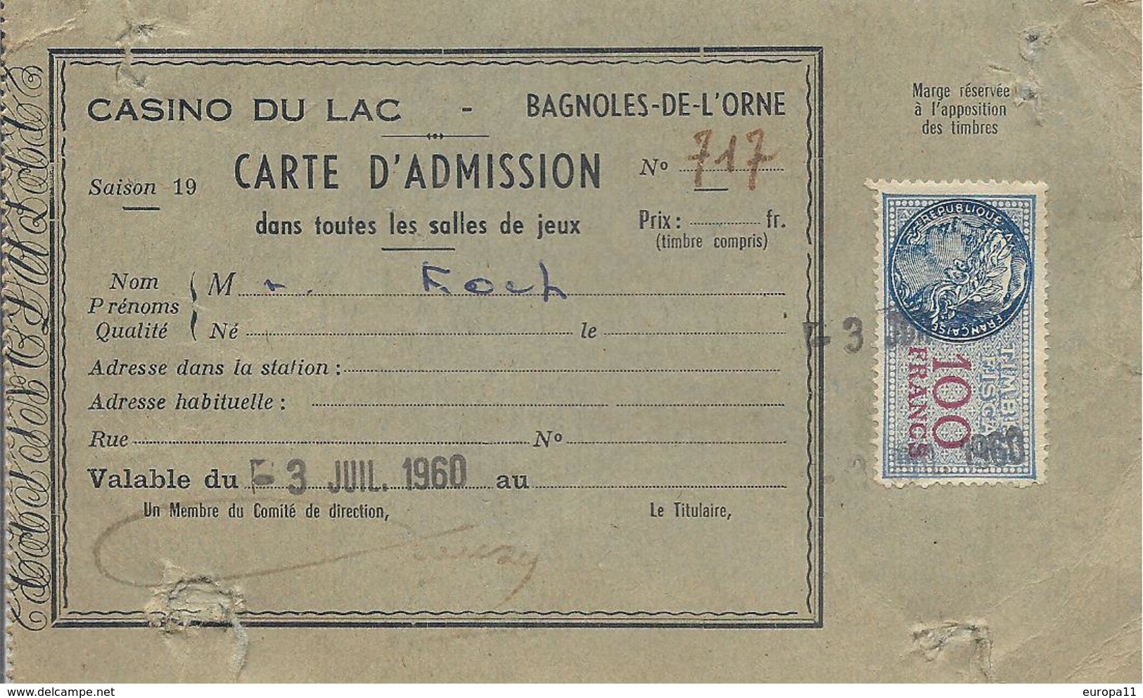 Carte D'Admission Du Casino Du Lac A Bagnoles De L'Orne De 1960 - Biglietti D'ingresso