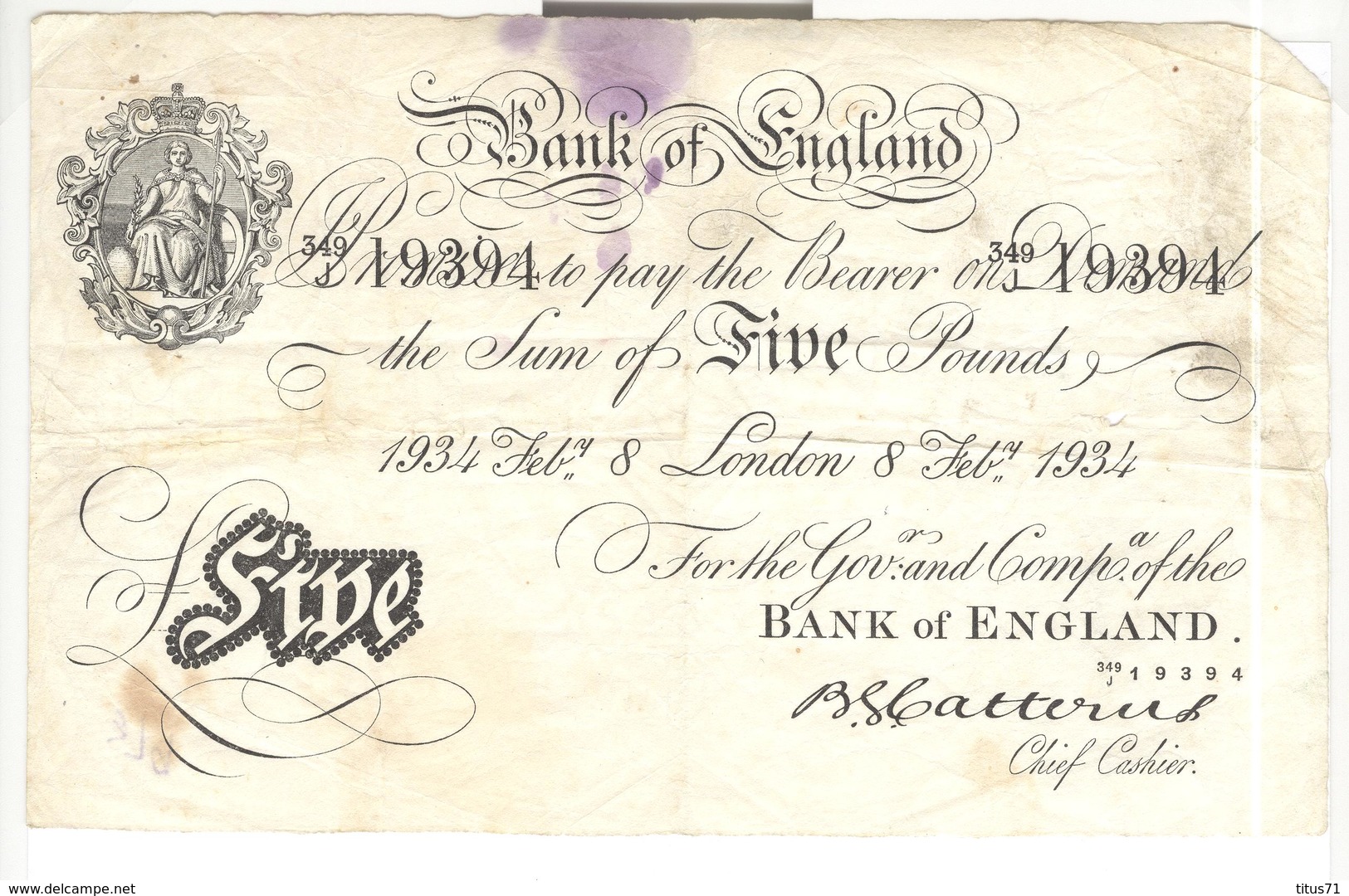 Billet 5 Livres / Five Pounds Bank Of England - 8 February 1934 - Billet Authentique / Genuine Banknote - 5 Pounds