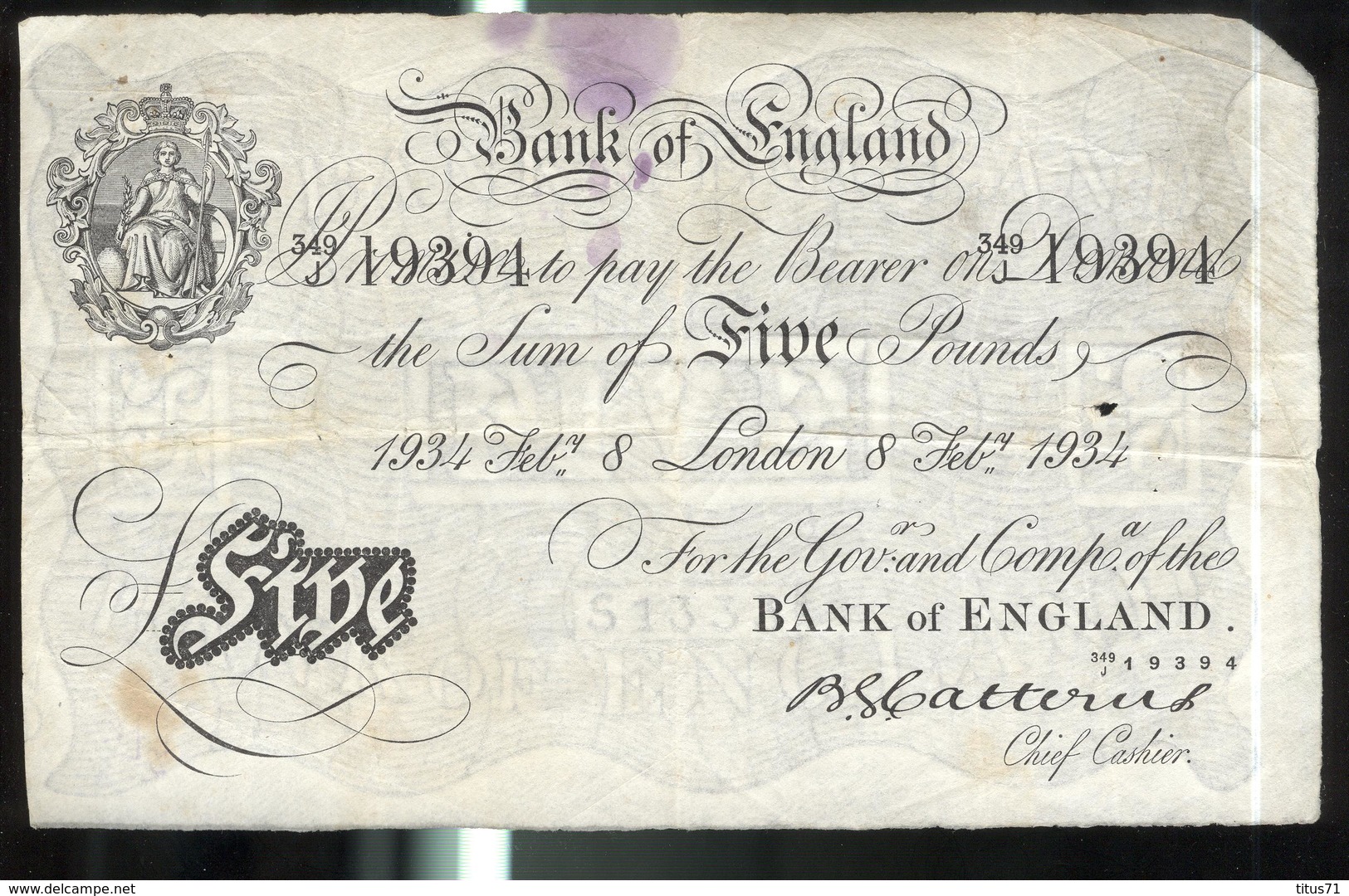 Billet 5 Livres / Five Pounds Bank Of England - 8 February 1934 - Billet Authentique / Genuine Banknote - 5 Pounds