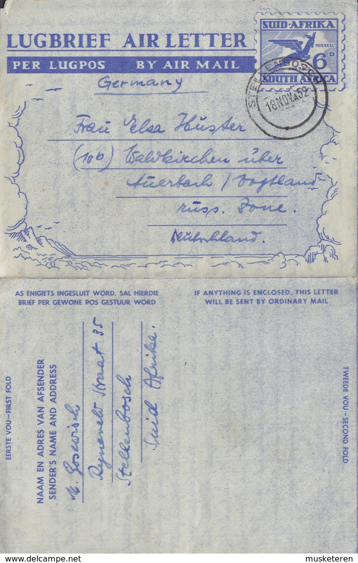 South Africa Postal Stationery Ganzsache Entier Lugbrief Airletter Aerogramme STELLENBOSCH 1952 WALDKIRCHEN Russian Zone - Airmail