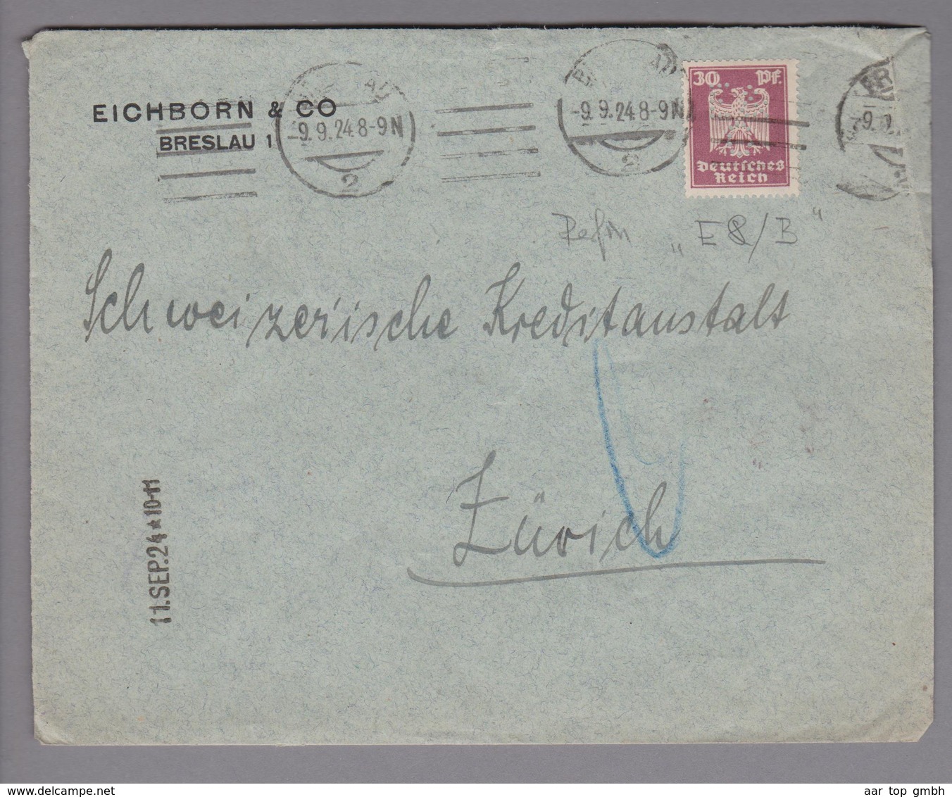 DE DR 1924-09-09 Breslau Brief Nach Zürich Mit 30 Pf.Perfinmarke "E&B" Eichborn & Co. Breslau - Briefe U. Dokumente