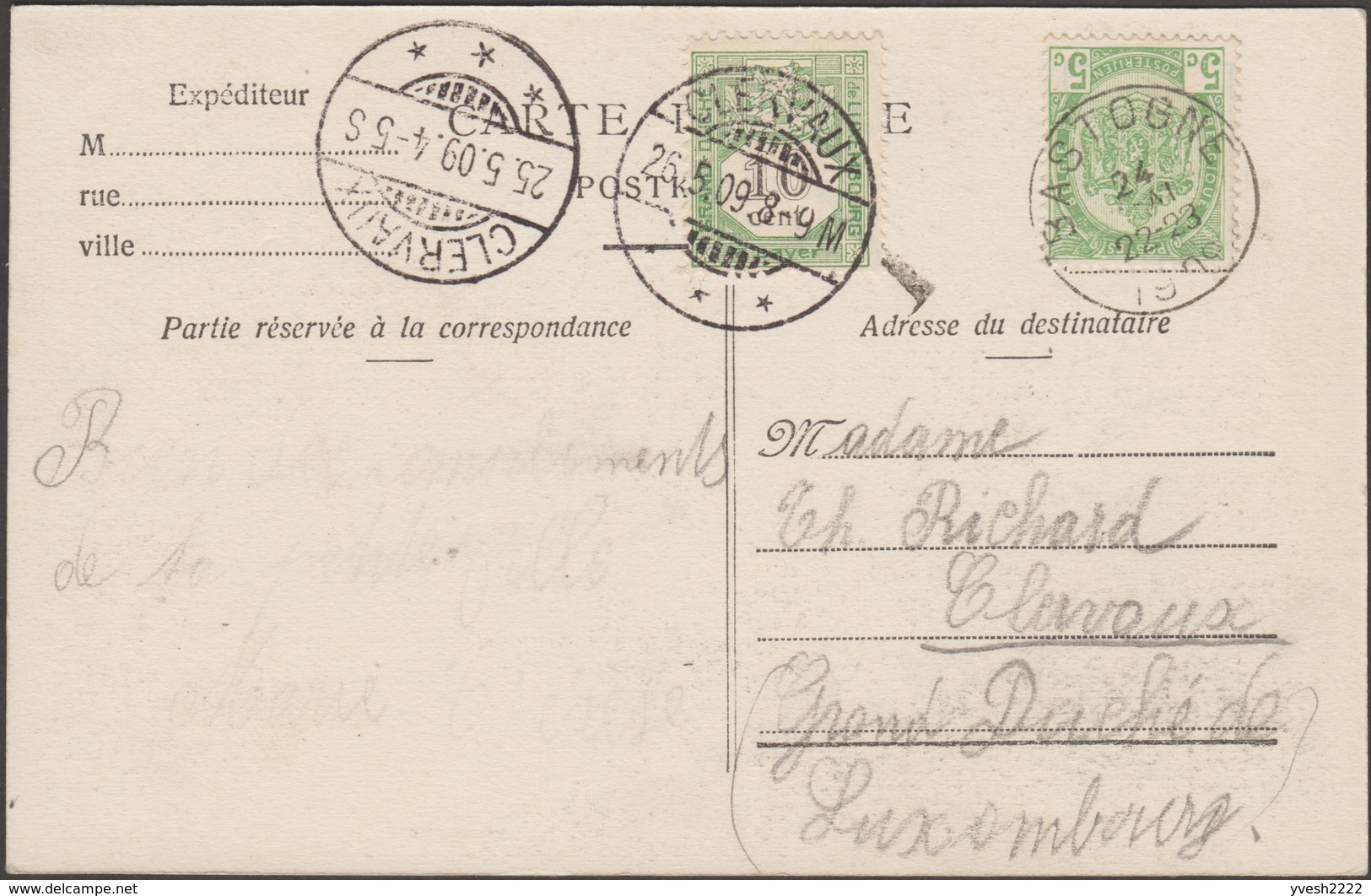 Luxembourg 1909. Carte Postale Taxée De Bastogne à Clervaux - Postage Due