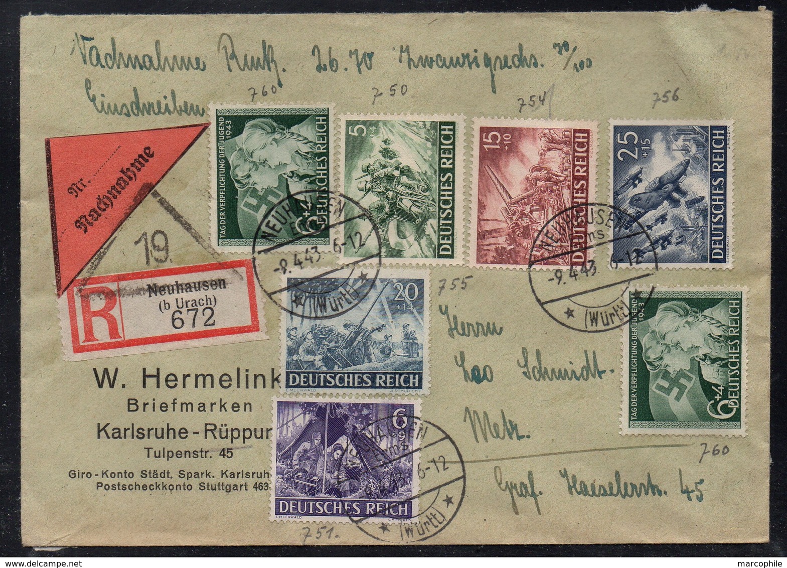 NEUHAUSEN - ALLEMAGNE - III REICH / 1943 LETTRE  CONTRE REMBOURSEMENT POUR METZ - NACHNAHME (ref LE3372) - Covers & Documents