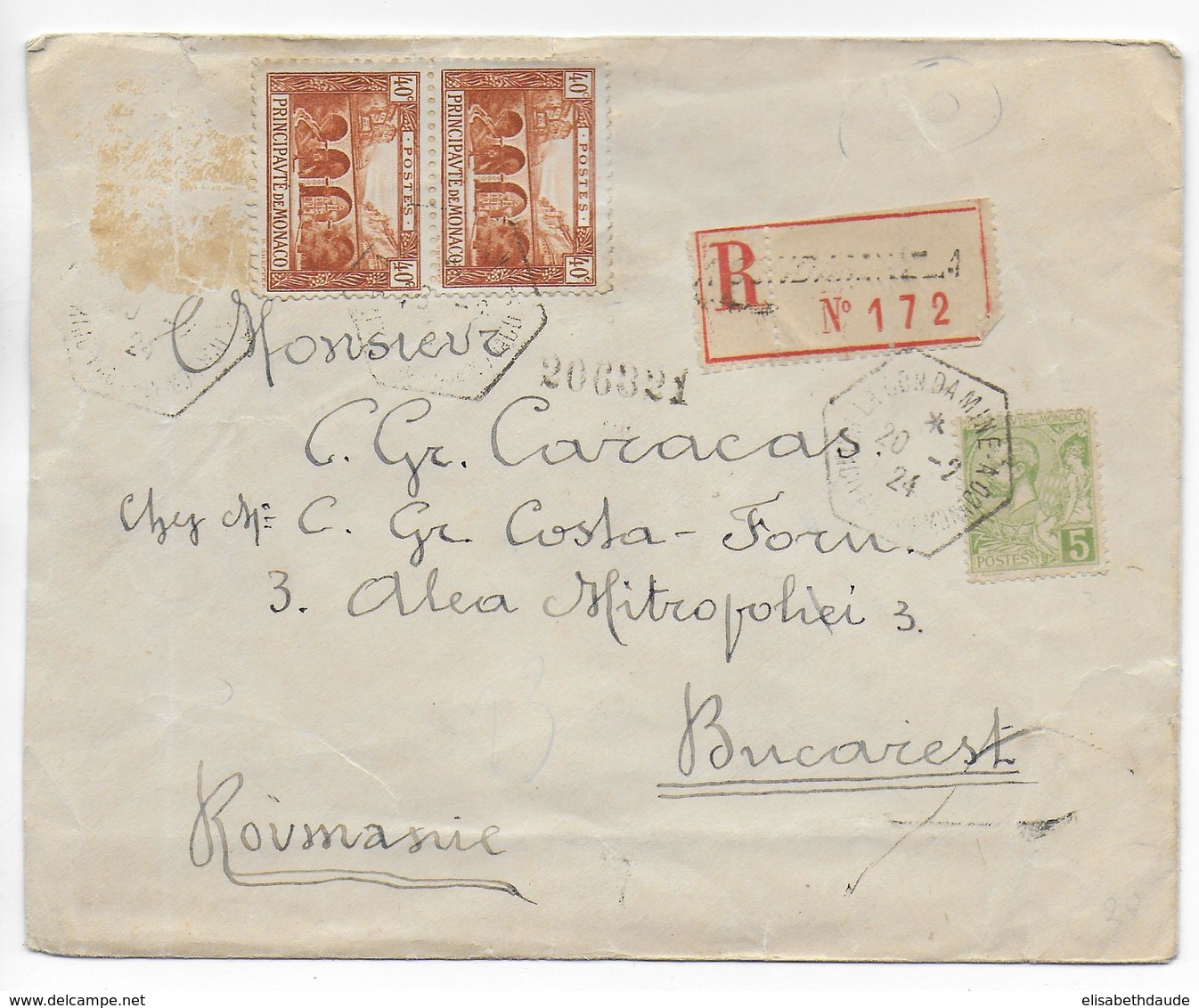 MONACO - 1924 - ENVELOPPE RECOMMANDEE De LA CONDAMINE RECETTE AUXILIAIRE A => BUCAREST (ROUMANIE) !! - MANQUE 1 TIMBRE - Lettres & Documents