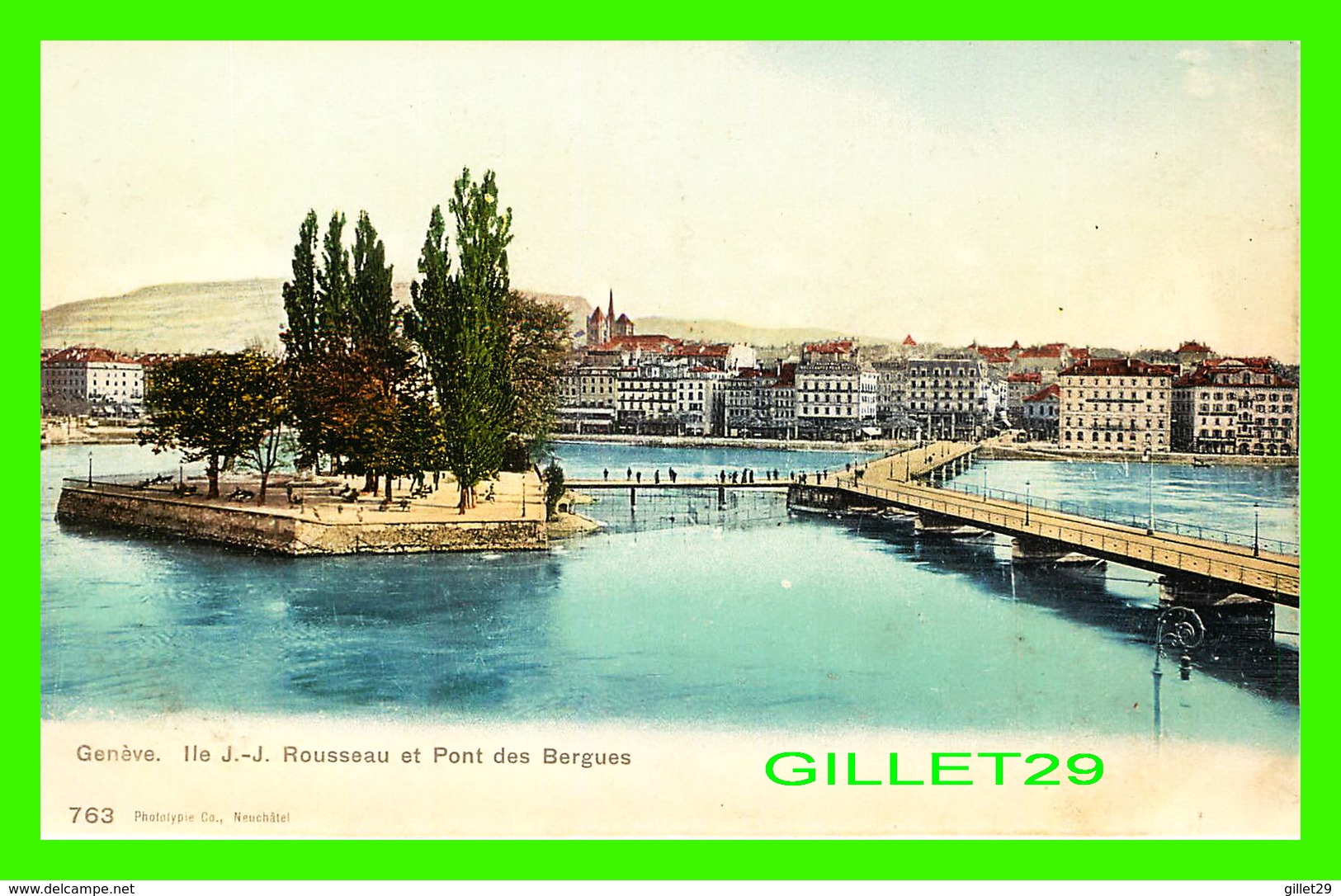 GENÈVE, SUISSE - ILE J. J. ROUSSEAU ET PONT DES BERGUES - PHOTOTYPIE CO - 3/4 BACK - - Genève