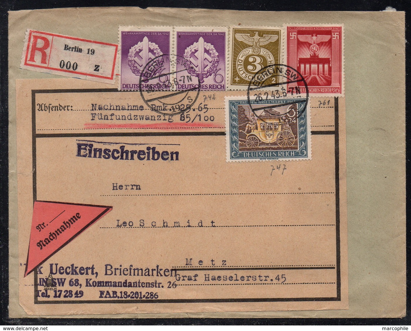 BERLIN - ALLEMAGNE - III REICH / 1943 LETTRE  CONTRE REMBOURSEMENT POUR METZ - NACHNAHME (ref LE3376) - Lettres & Documents