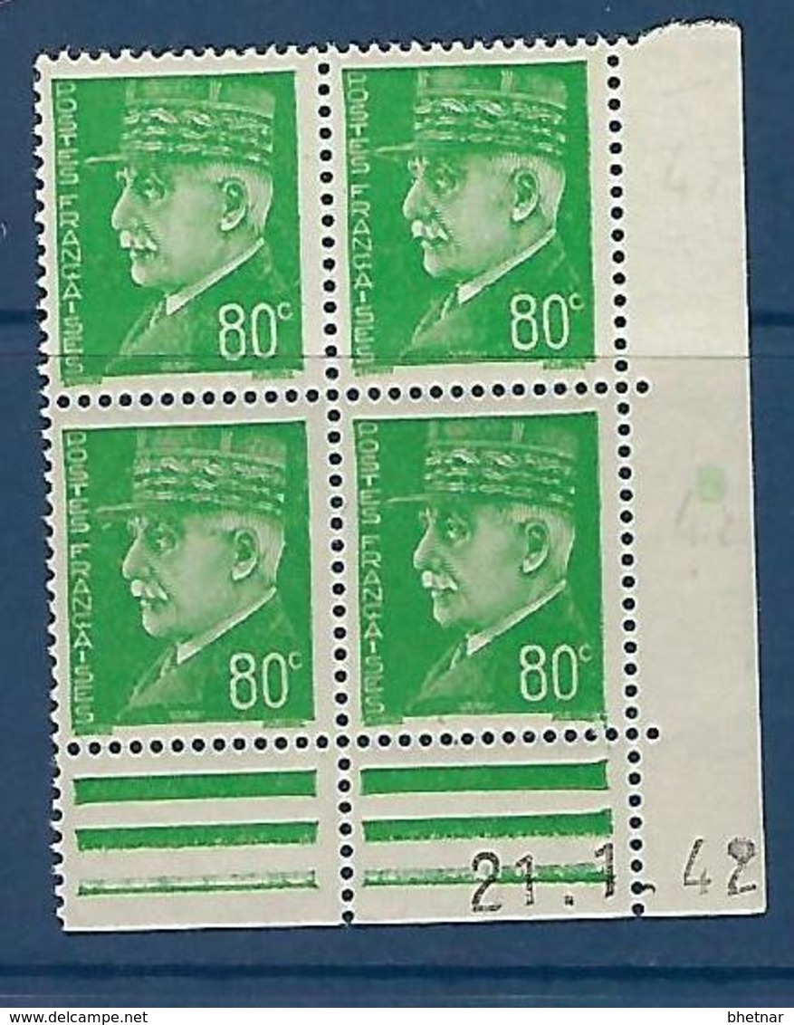 FR Coins Datés Yt 513 " Pétain 80c. Vert-jaune " Neuf** Du 21.1.42 - 1940-1949