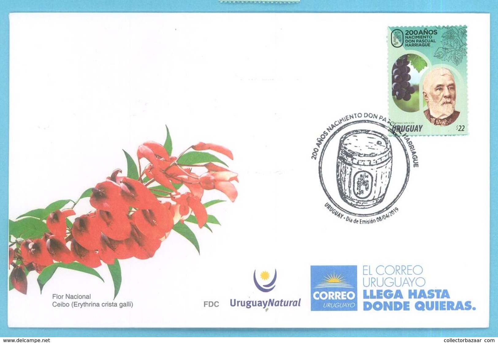 2019 URUGUAY FDC COVER BARRIL BARREL  WINE GRAPES VINES VINO UVAS VIDES WEIN TRAUBEN REBEN VIN RAISINS VIGNES - Wein & Alkohol