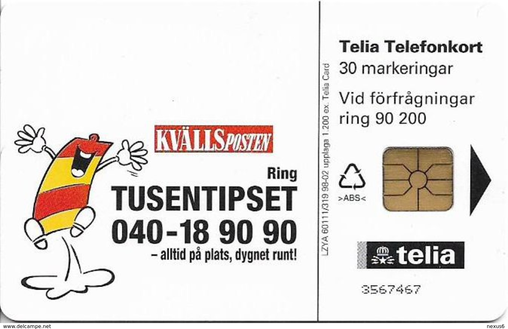 Sweden - Telia - Kvällsposten - 30U, 02.1998, 1.200ex, Mint - Schweden