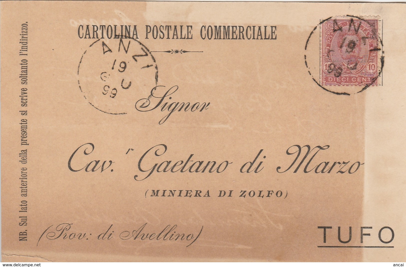 Anzi.  1899. Annullo Grande Cerchio ANZI, Su Cartolina Postale Commerciale - Storia Postale