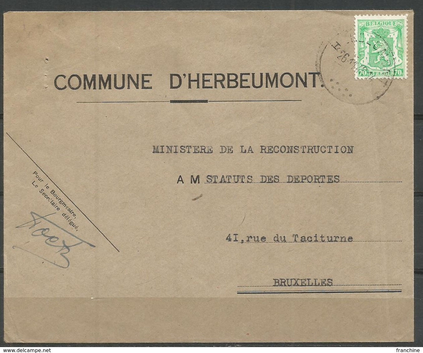 COB 712 Oblitéré Seul Sur Lettre - COMMUNE D'HERBEUMONT - Covers & Documents