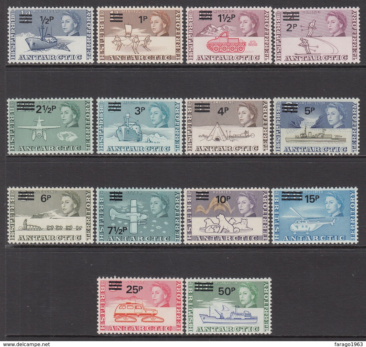 1971 British Antarctic Territory Definitives Surcharges Complete Set Of 14 MNH - Ungebraucht