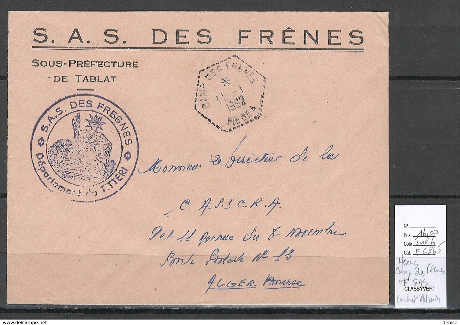 Algerie -Lettre - Cachet Hexagonal CAMP DES FRENES   + Cachet Administratif  SAS- Marcophilie - Covers & Documents