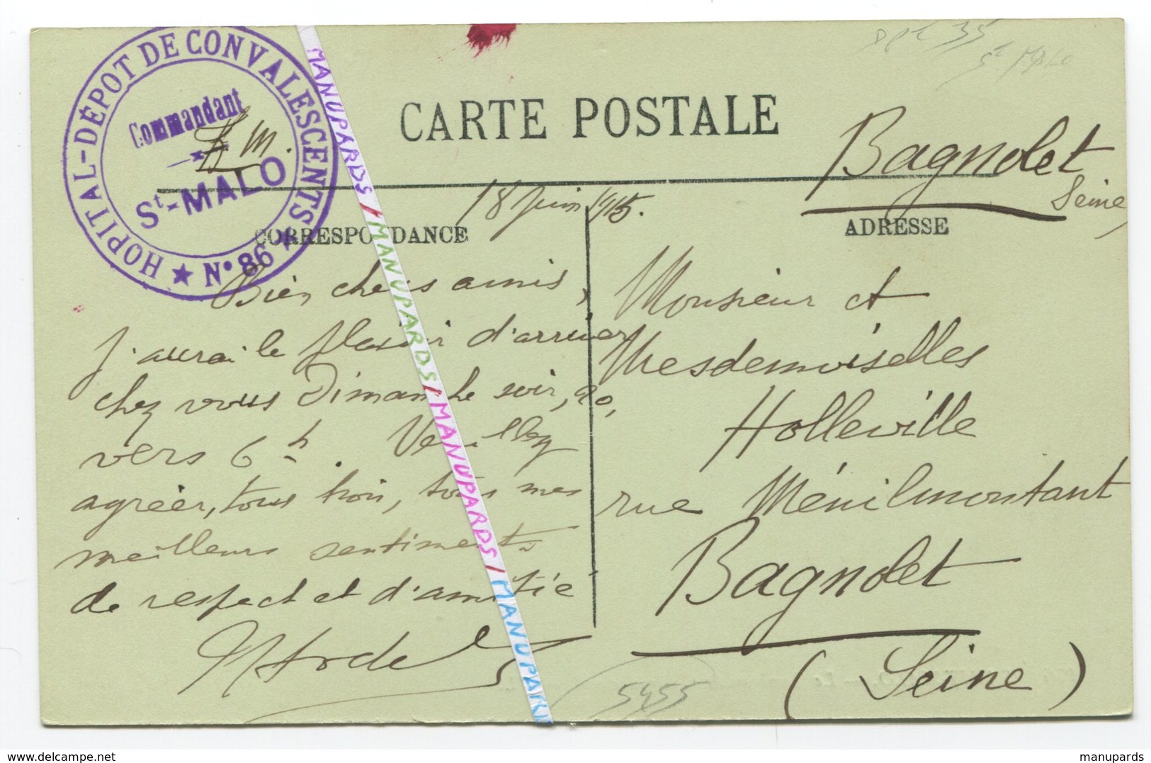 35 SAINT MALO / 1915 / CPA / TAMPON / CACHET / HÔPITAL N°86 / DÉPÔT DE CONVALESCENTS - Saint Malo