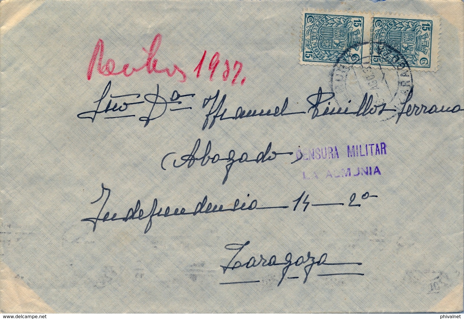 1937 , ZARAGOZA , SOBRE CIRCULADO ENTRE LA ALMUNIA Y ZARAGOZA , LLEGADA , FR. TIMBRE ESPECIAL MÓVIL, CENSURA MILITAR - Brieven En Documenten