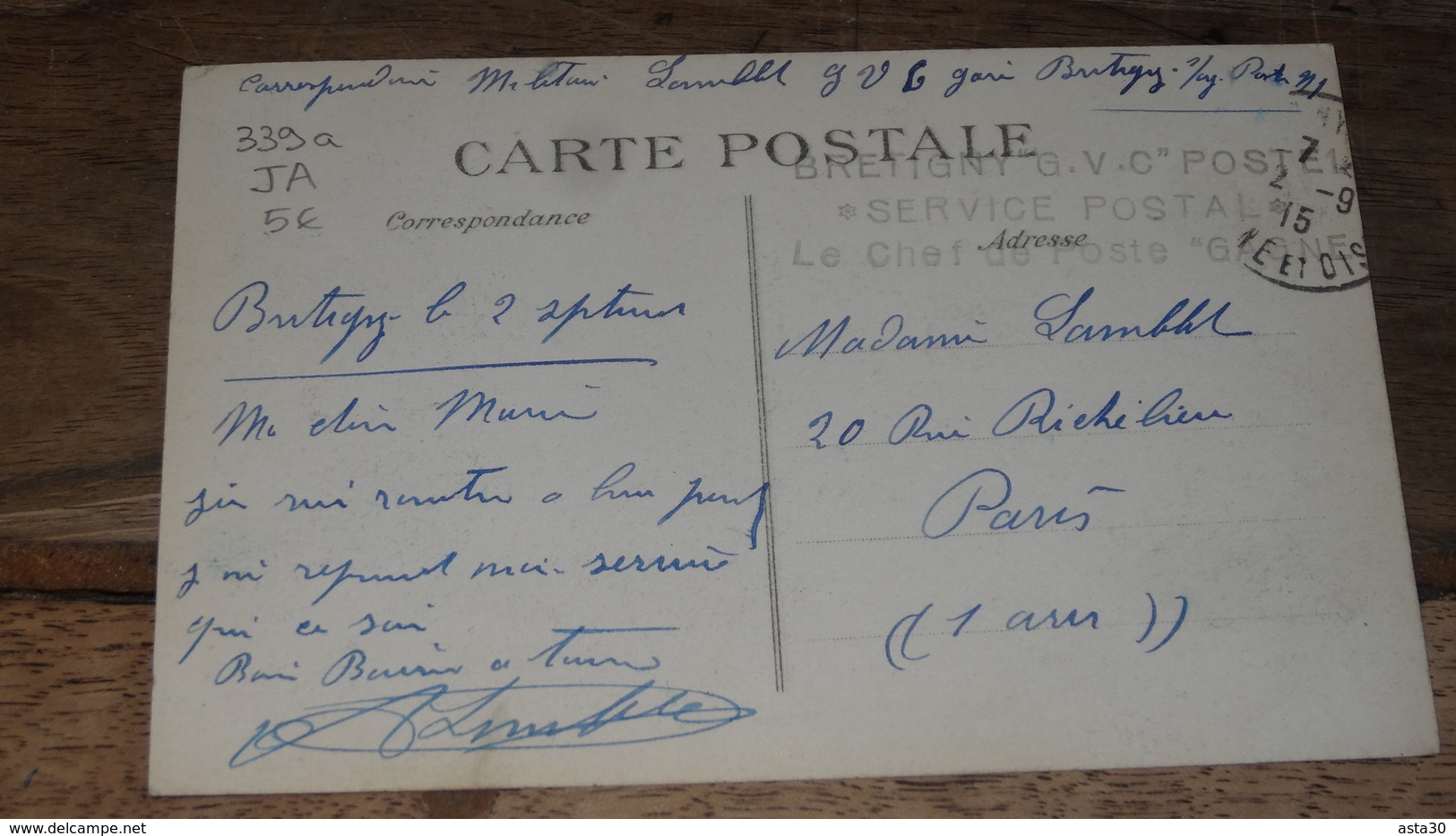 Guerre 14-18 : Cachet De BRETIGNY GVC Poste, Service Postal    …... … PHI.......2409b - Guerre De 1914-18