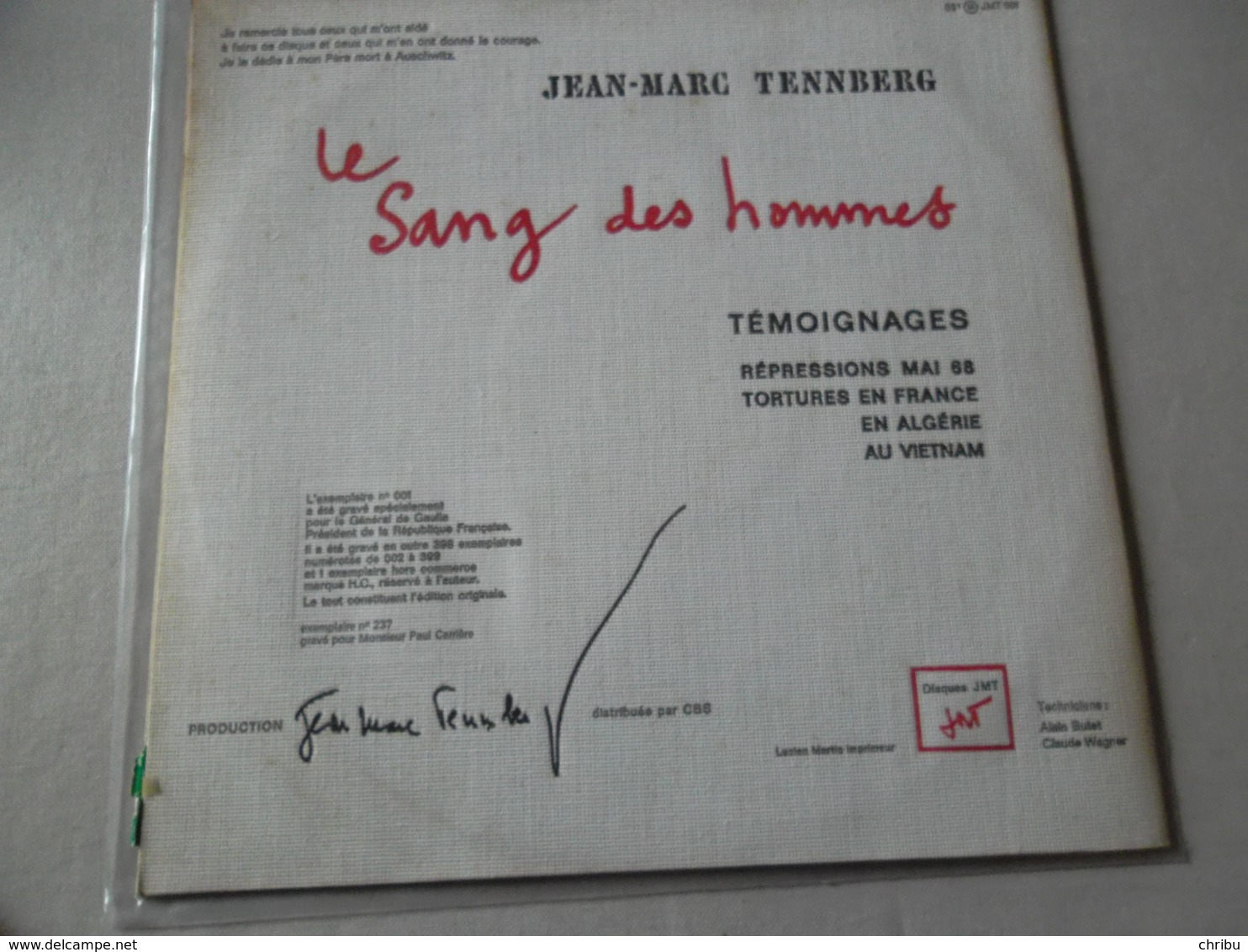 VINYLE 33 T JEAN MARC TENNBERG LE SANG DES HOMMES - Editions Limitées