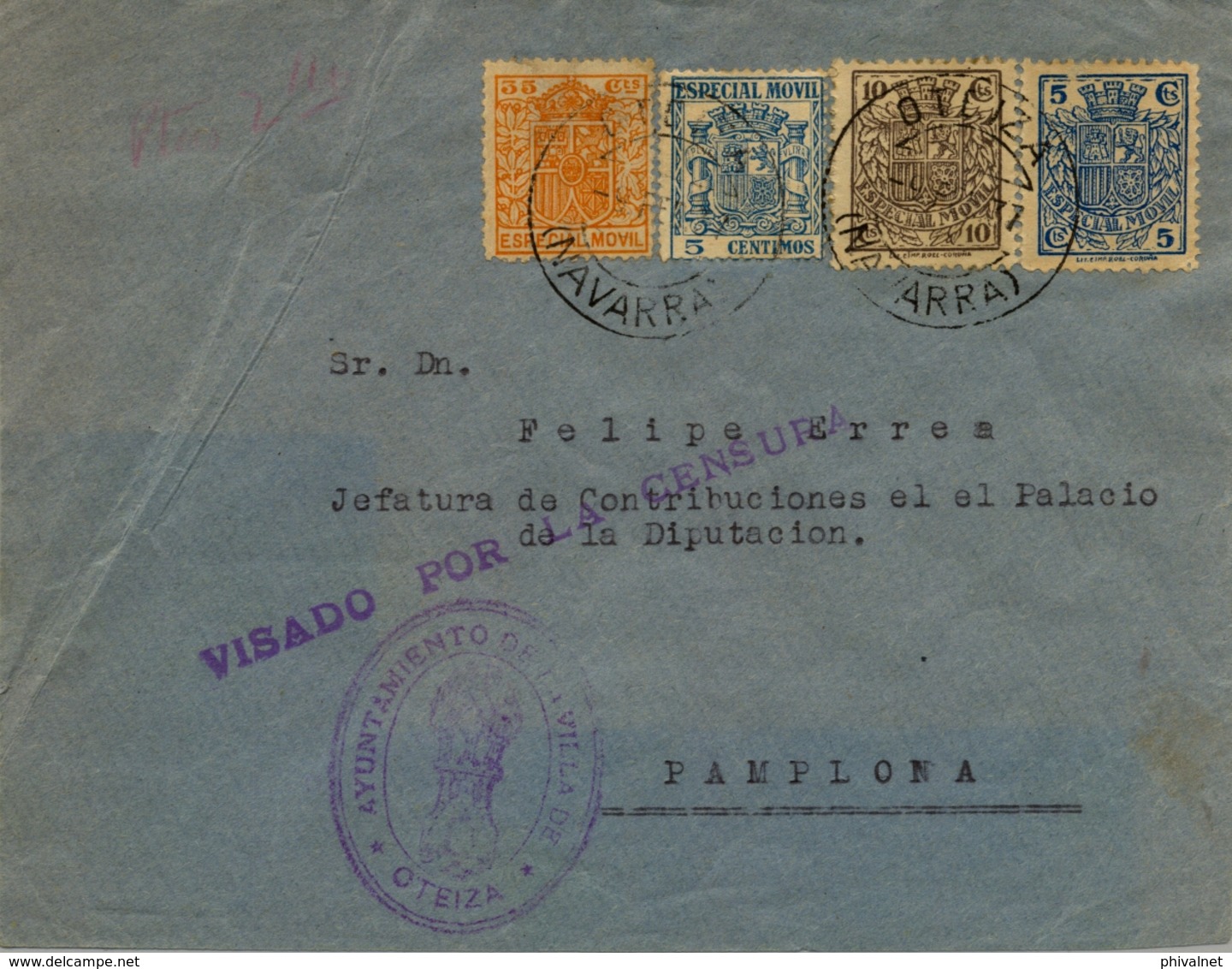 1937 , NAVARRA , FRONTAL DE SOBRE CIRCULADO , OTEIZA - PAMPLONA , FR. TIMBRES ESPECIAL MÓVIL , AYUNTAMIENTO, CENSURA - Brieven En Documenten