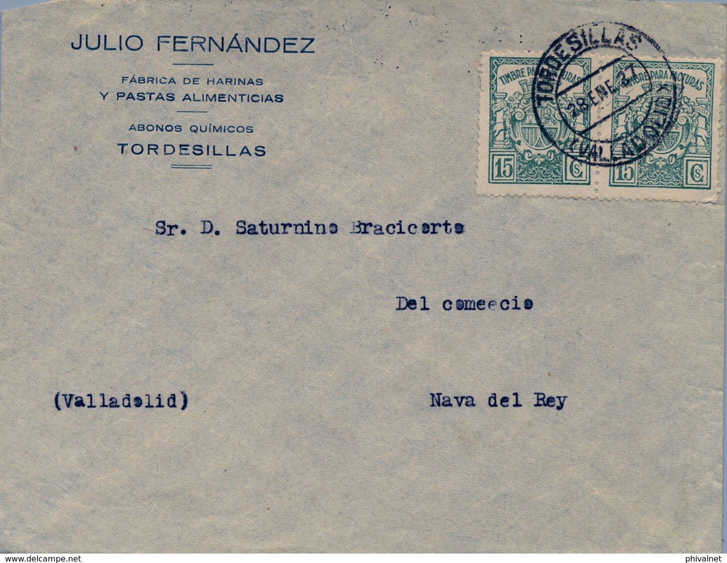1937 , VALLADOLID , SOBRE CIRCULADO ENTRE TORDESILLAS Y NAVA DEL REY , FR. TIMBRES PARA FACTURAS , LLEGADA - Brieven En Documenten