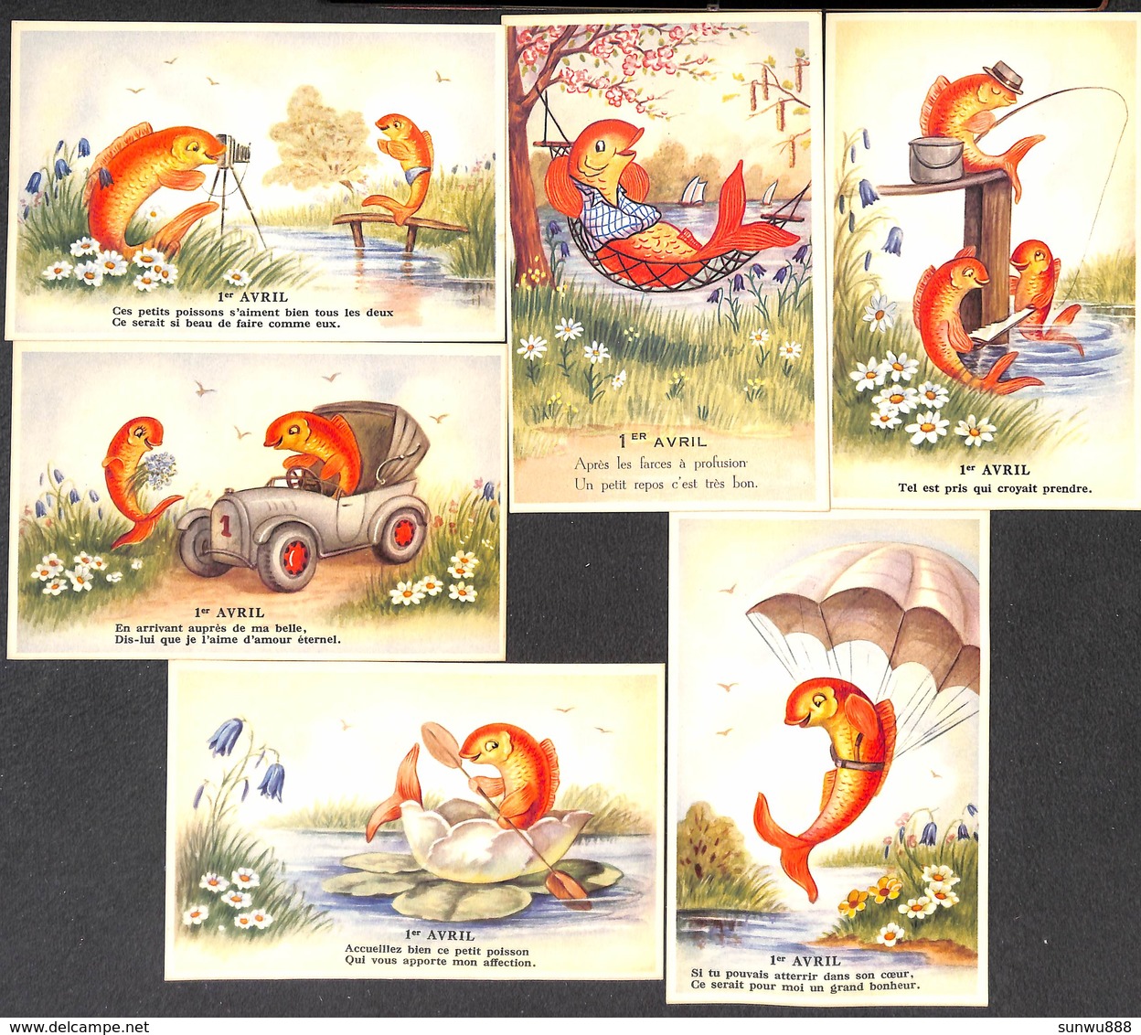 Lot 6 Cartes 1er Avril Poisson Colorisée - 1er Avril - Poisson D'avril