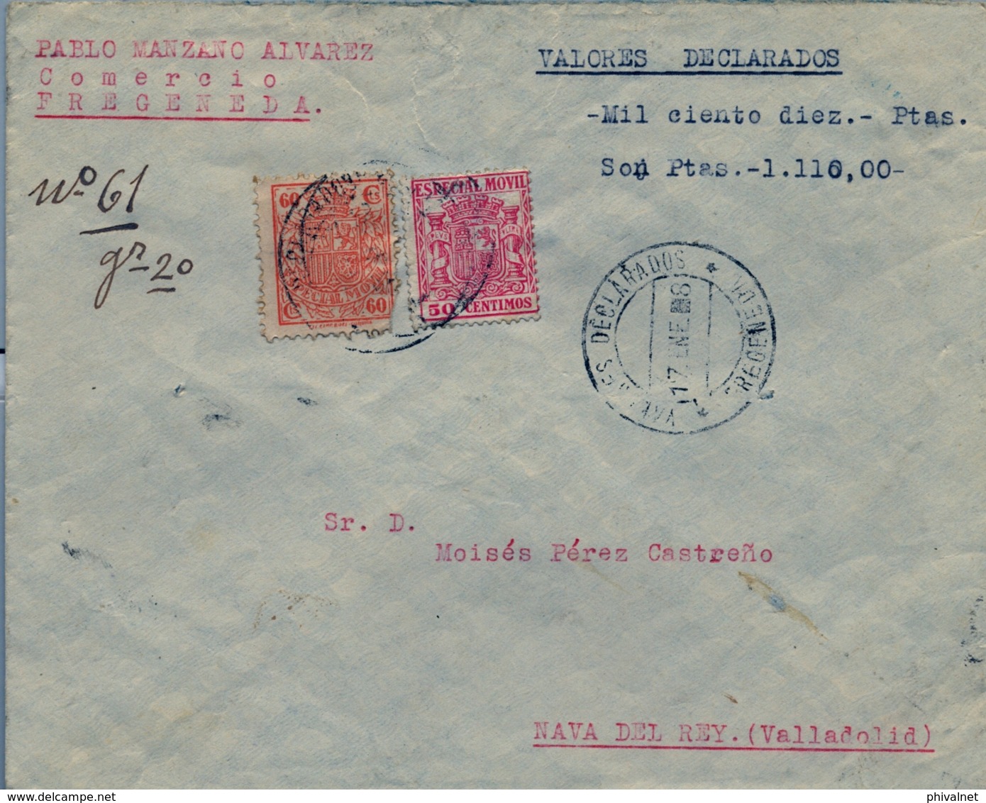 1938 , SALAMANCA , VALORES DECLARADOS , FREGENEDA - NAVA DEL REY , AMBULANTE SALAMANCA , ZAMORA - MEDINA - Brieven En Documenten