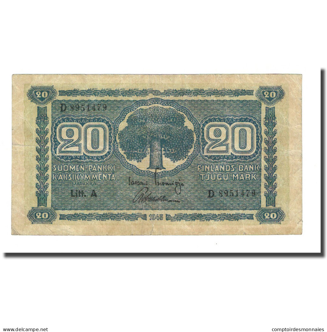 Billet, Finlande, 20 Markkaa, 1945, KM:78a, TTB - Finlande