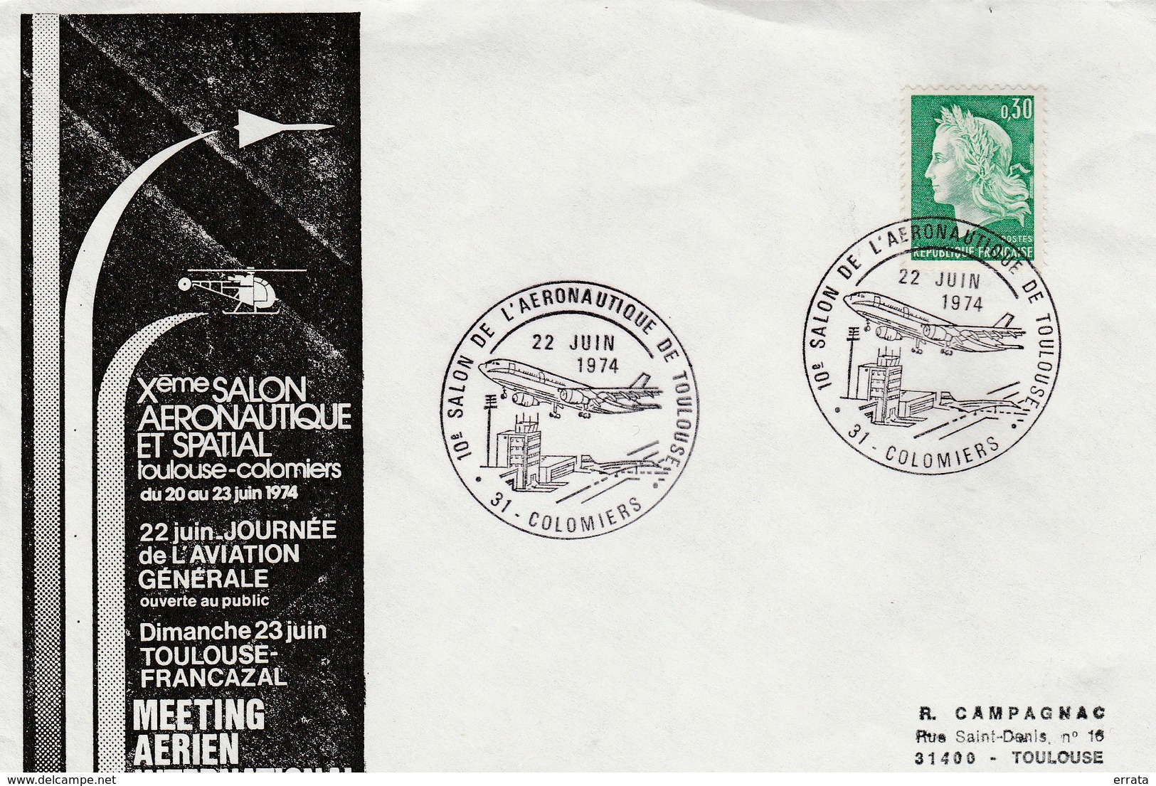 10e SALON DE L'AERONAUTIQUE DE TOULOUSE  COLOMIERS 22 JUIN 1974 - Autres & Non Classés