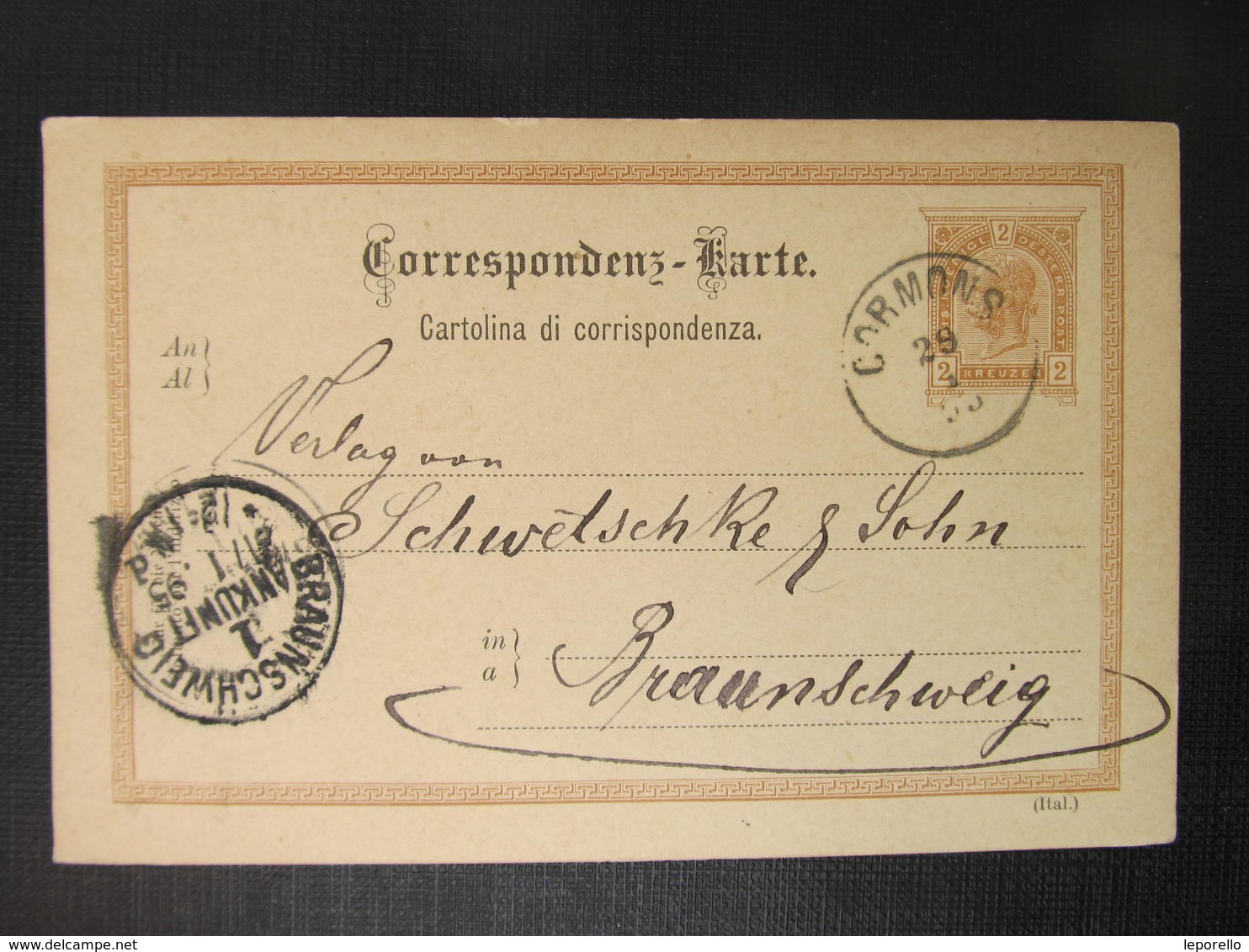GANZSACHE Cormons - Braunschweig 1895 Korespondenzkarte  //   D*37518 - Briefe U. Dokumente