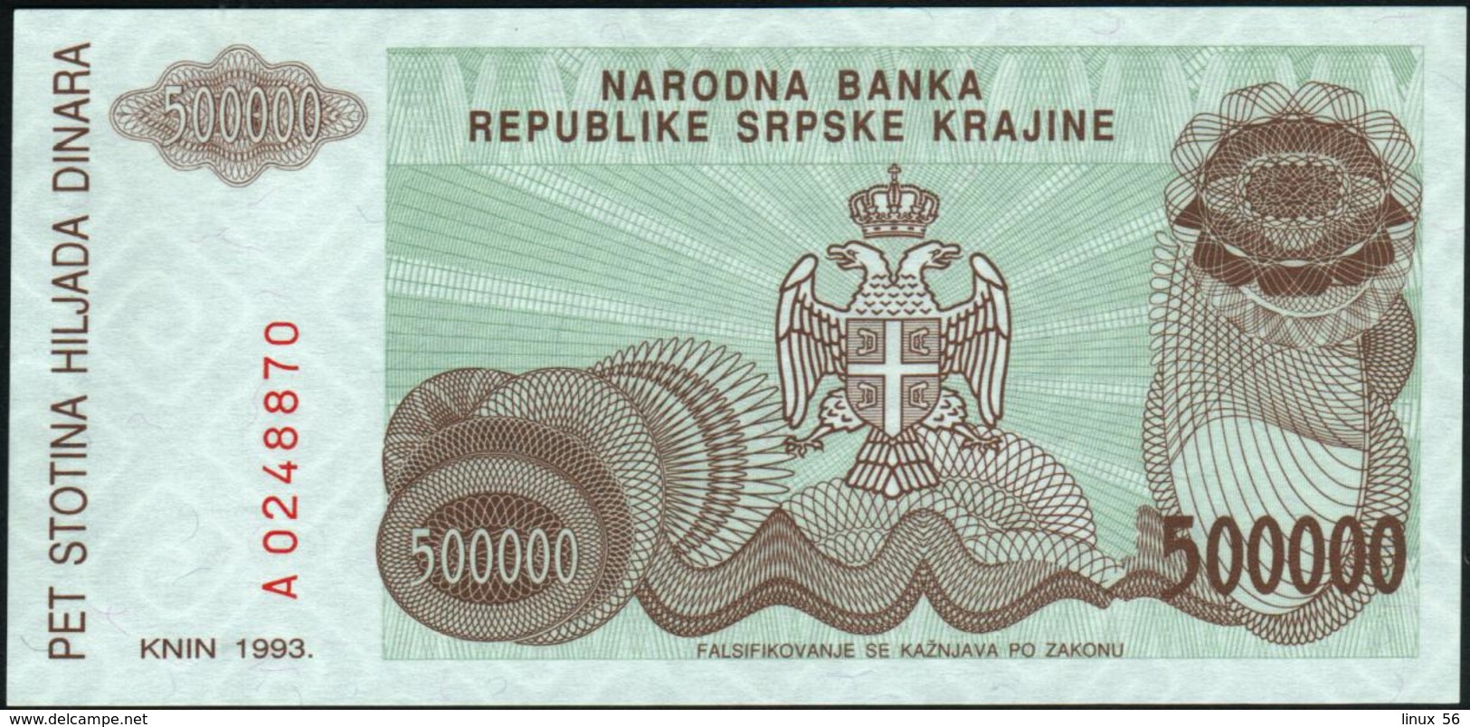 CROATIA - 500.000 Dinara 1993 {Knin} UNC P. R23 - Croatia