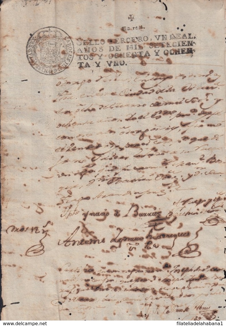 1780-PS-40 SPAIN ANTILLES CUBA PUERTO RICO REVENUE SEALLED PAPER. 1780-81. SELLO 3ro. - Portomarken