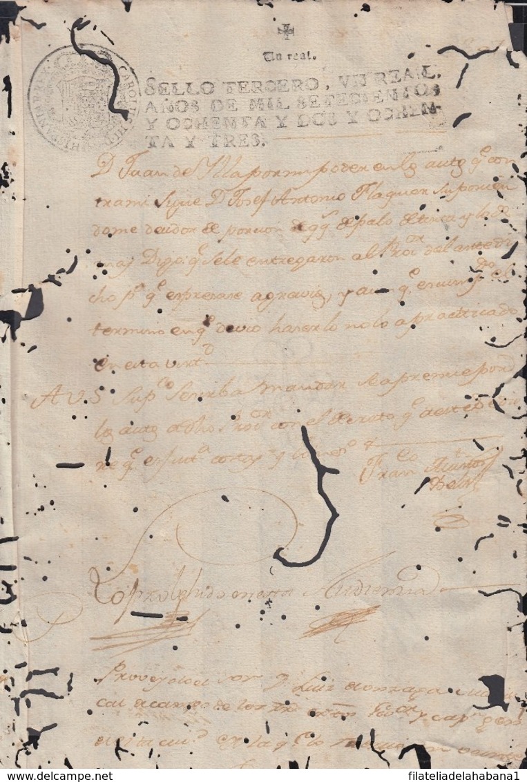 1782-PS-40 SPAIN ANTILLES CUBA PUERTO RICO REVENUE SEALLED PAPER. 1782-83. SELLO 3ro. - Timbres-taxe