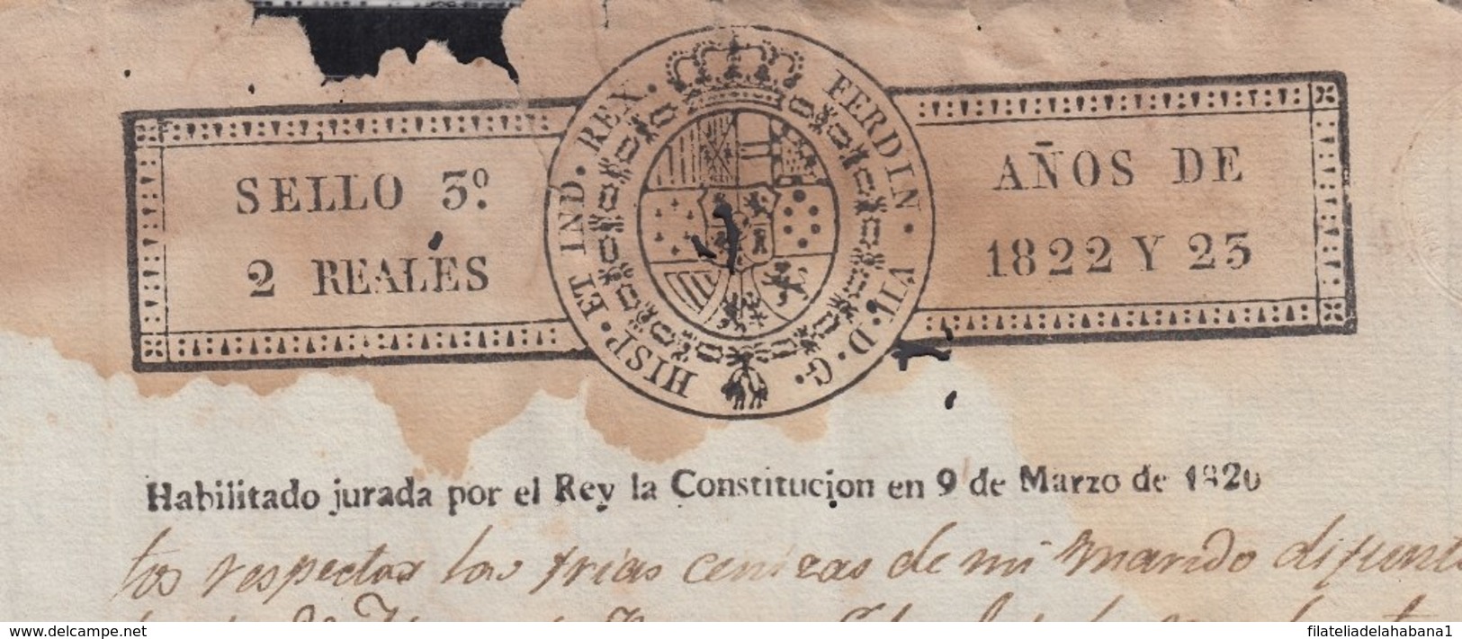 1822-PS-71 SPAIN ANTILLES CUBA REVENUE SEALLED PAPER. 1822-23. HABILITADO JURADA LA CONSTITUCION. SELLO 3ro. - Strafport