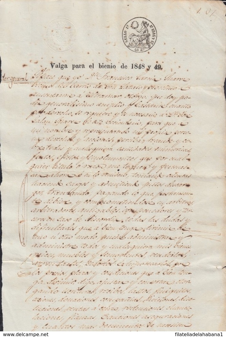 1848-PS-72 SPAIN ANTILLES CUBA REVENUE SEALLED PAPER. HABILITADO PARA 1848-49. SELLO 1ro. - Strafport